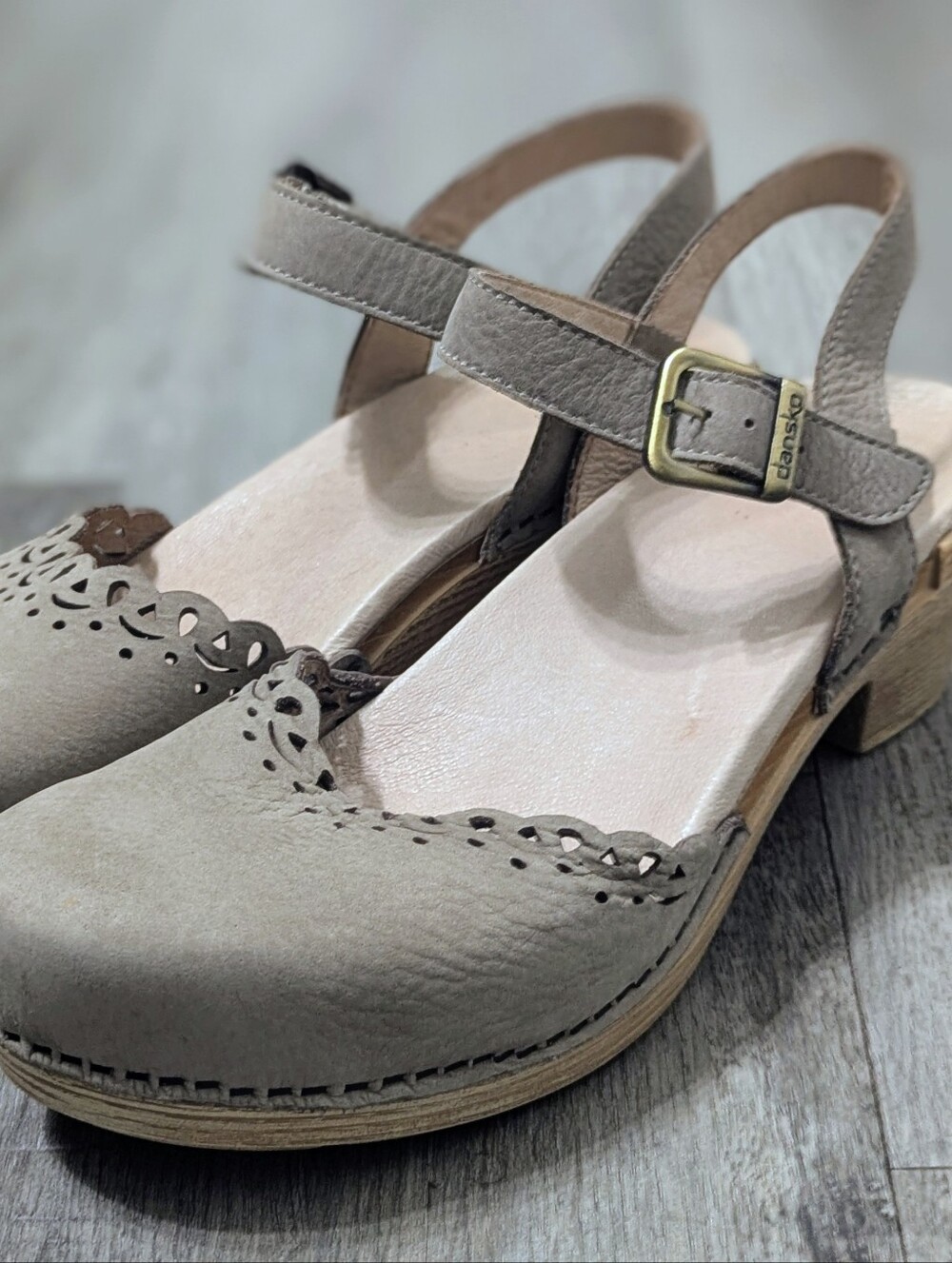Dansko Taupe Leather Scallop Slingback Clogs